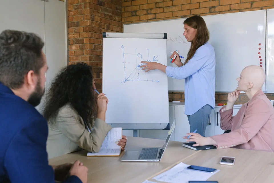Besprechung am Tisch, eine Person erklärt am Flipchart